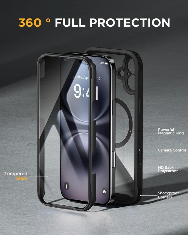 Alt view image 3 of 7 - for iPhone 16 Case 6.1 Full-Body Bumper Phone case with Built-in Full Glass Screen &Camera Control No Gap Compatible with MagSafe Drop Proof 16 Cover Black