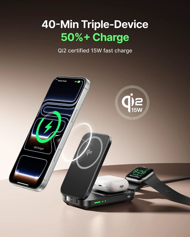 Alt view image 4 of 7 - 3 in 1 Foldable Wireless Charging Station 15W Fast Mag-Safe Charger