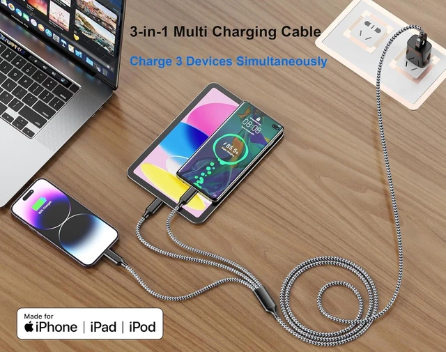 Alt view image 2 of 6 - Multi Charging Cable 6FT 2Pack 3 in 1 Long MFi Certified Cable