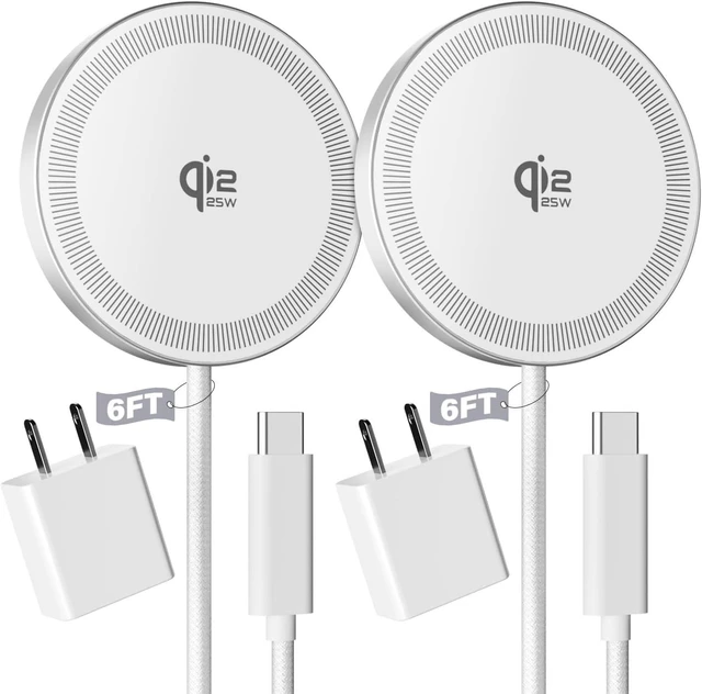 Main image of 2Pack Magnetic Wireless Charger 25W Fast Charger for iPhone 17/16/15/14/13/12 Series & AirPods Portable Wireless Charging Pad for Travel Home Office Desk 6.6FT-White with Plugs