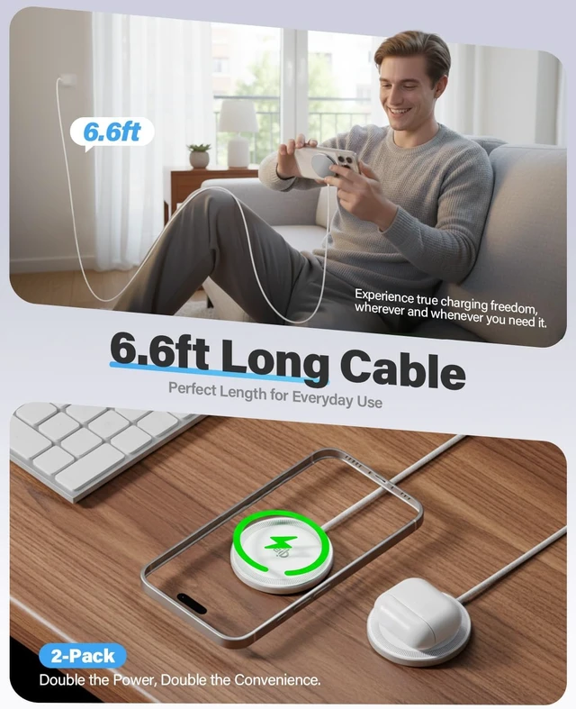 Alt view image 2 of 7 - 2Pack Magnetic Wireless Charger 25W Fast Charger for iPhone 17/16/15/14/13/12 Series & AirPods Portable Wireless Charging Pad for Travel Home Office Desk 6.6FT-White with Plugs