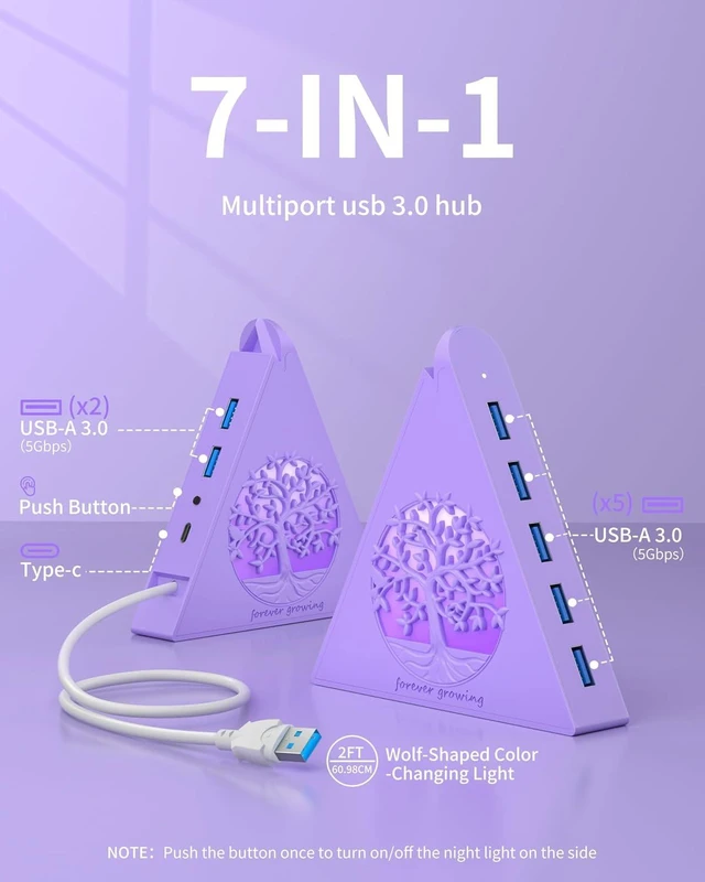 Alt view image 2 of 7 - 7-Port USB 3.0 Hub Light Purple Vertical USB Splitter with Tree-Inspired RGB Lights 5Gbps High-Speed Transfer 2FT Cable Compatible with MacBook PC Flash Drive Console Printer Camera