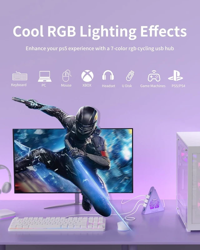 Alt view image 3 of 7 - 7-Port USB 3.0 Hub Light Purple Vertical USB Splitter with Tree-Inspired RGB Lights 5Gbps High-Speed Transfer 2FT Cable Compatible with MacBook PC Flash Drive Console Printer Camera