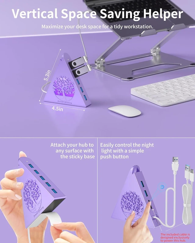Alt view image 4 of 7 - 7-Port USB 3.0 Hub Light Purple Vertical USB Splitter with Tree-Inspired RGB Lights 5Gbps High-Speed Transfer 2FT Cable Compatible with MacBook PC Flash Drive Console Printer Camera