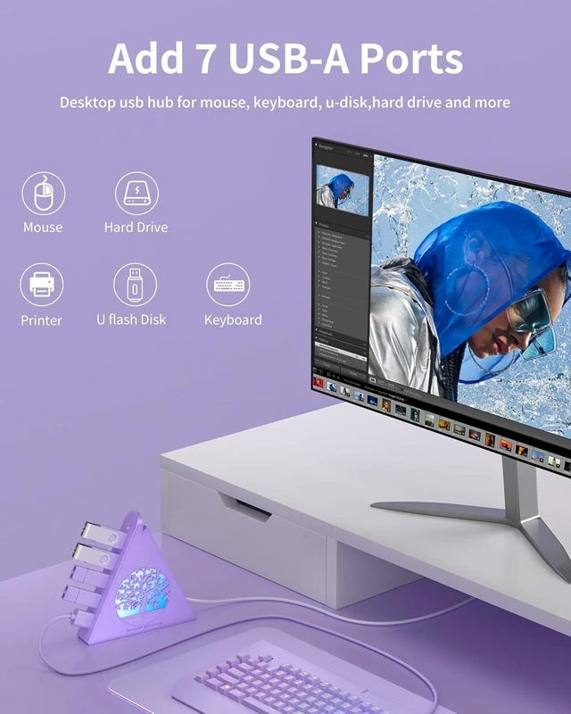 Alt view image 6 of 7 - 7-Port USB 3.0 Hub Light Purple Vertical USB Splitter with Tree-Inspired RGB Lights 5Gbps High-Speed Transfer 2FT Cable Compatible with MacBook PC Flash Drive Console Printer Camera