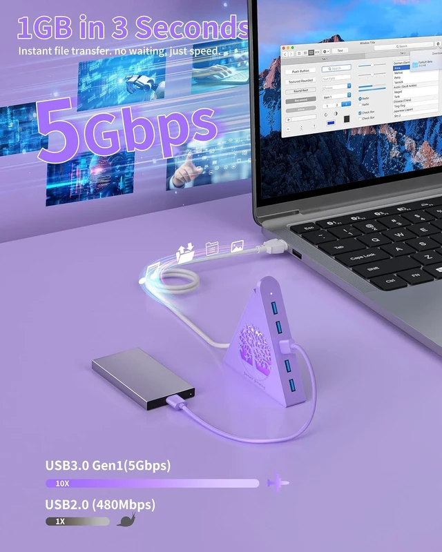 Alt view image 5 of 7 - 7-Port USB 3.0 Hub Light Purple Vertical USB Splitter with Tree-Inspired RGB Lights 5Gbps High-Speed Transfer 2FT Cable Compatible with MacBook PC Flash Drive Console Printer Camera