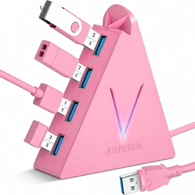 Main image of 4-Port USB 3.0 Hub FlyingVHUB Vertical Data USB Hub with 2 ft Extended Cable for Mac PC One iMac Surface Pro XPS Laptop Desktop Flash Drive Mobile HDD(Pink)