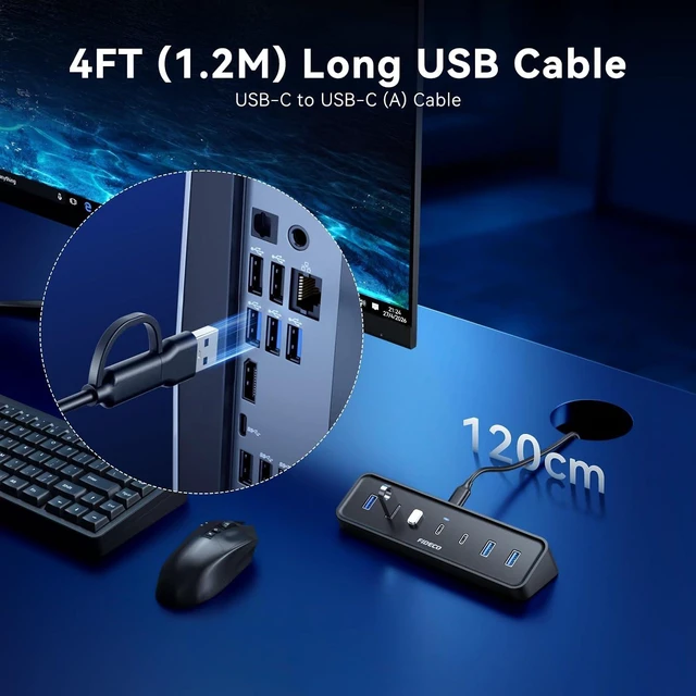 Alt view image 3 of 7 - 4 ft 7-Port USB 3.0 Hub for Desktop PC MacBook 4 USB-A & 3 USB-C