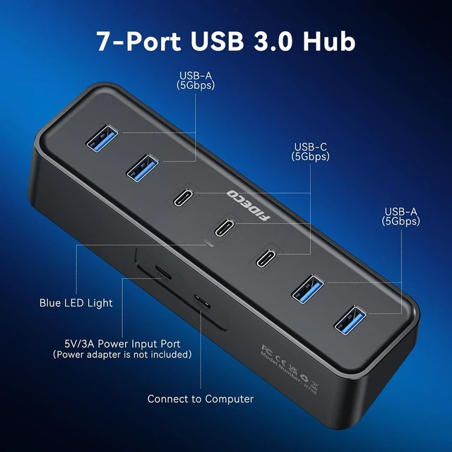 Alt view image 7 of 7 - 4 ft 7-Port USB 3.0 Hub for Desktop PC MacBook 4 USB-A & 3 USB-C