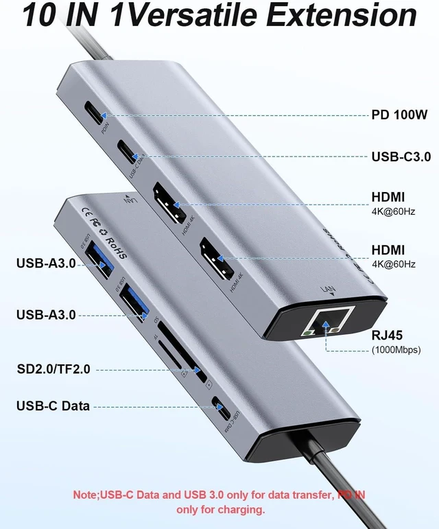 Alt view image 2 of 7 - USB C Laptop Docking Station Dual HDMI Monitor 10in1 Dongle Type-C Hub Dock