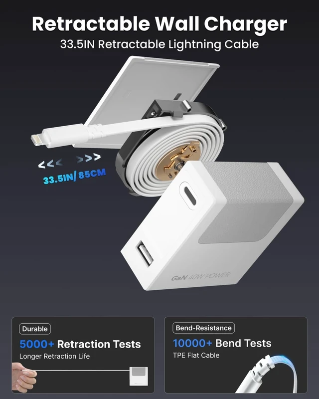 Alt view image 5 of 7 - 40W PD Retractable USB Wall Charger 33.5in Lightning Cable 1 USBA