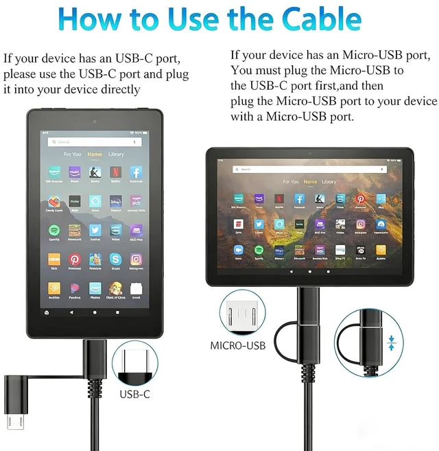 Alt view image 2 of 6 - 10W 5V 2A Charger for Kindle Fire Tablet Micro and USB C Charging Cable for Kindle Paperwhite All Generation Fire HD 10 8 7 Plus Max 11 Kids Pro Edition Touch Fire TV Sticks Type C Cable 3.3ft