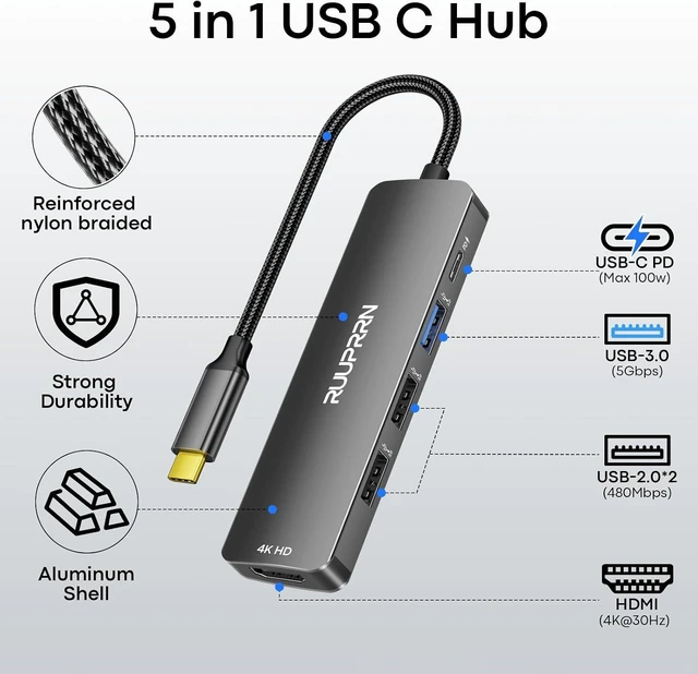 Alt view image 2 of 7 - 5 in 1 USB C Hub 4K USBC to HDMI Multiport Adapter for Laptop/Mac