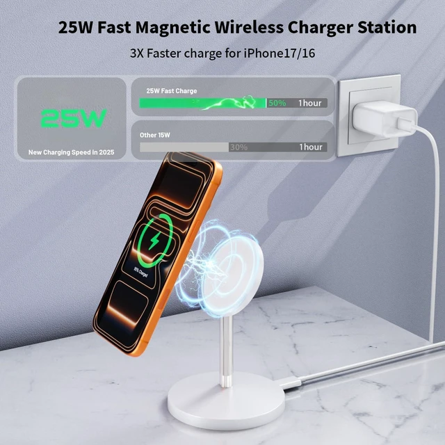 Alt view image 2 of 7 - Magnetic Wireless Charger iPhone Stand,25W Mag-Safe Charger Fast Charging Stand 35W Magnetic USB C Adapter with 6FT Cable Wireless Fast Charge Station for iPhone 17 Pro Max/17/16/15/14/13/12, AirPods