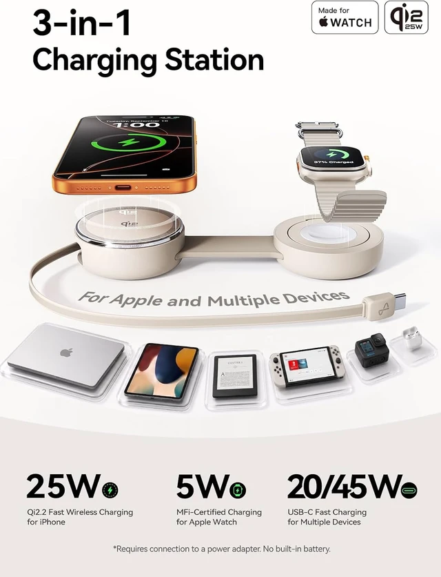 Alt view image 3 of 7 - 3-in-1 Travel Charging Station for Qi2 25W Wireless Charger