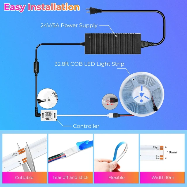 Alt view image 5 of 7 - RGB COB Led Strip Light 32.8FT/10M 10mm Led Tape Light Color Changing