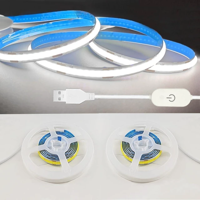 Main image of A 5V USB LED Light Strip COB LED Strip Lights White 5V LED Lights Small LED Strip Light TV Lights for TV Under Cabinet Kitchen Living Room Shelving or Displays (White 3.28FT x2)