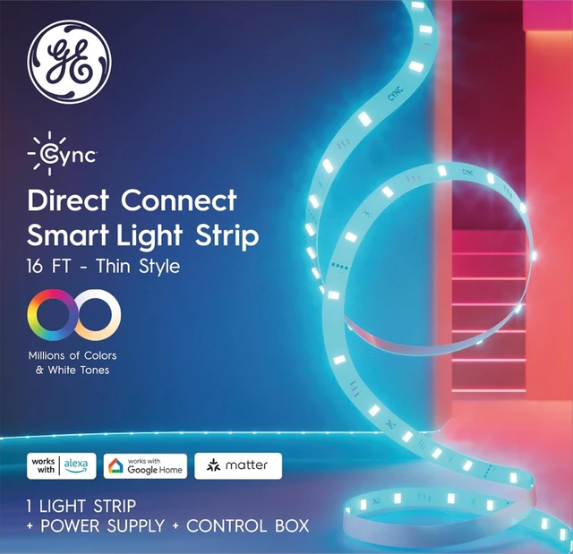 Alt view image 3 of 7 - GE Smart LED Strip Light Color Changing Room Decor LED Light Strip Works with Alexa and Google Home Matter Compatible LED Lights for Bedroom Millions of Colors and White Tones 16 Feet