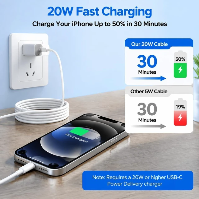 Alt view image 2 of 7 - 20ft USB C to Lightning Cable for iPhone 20W Fast Charger Cord 2 Pack