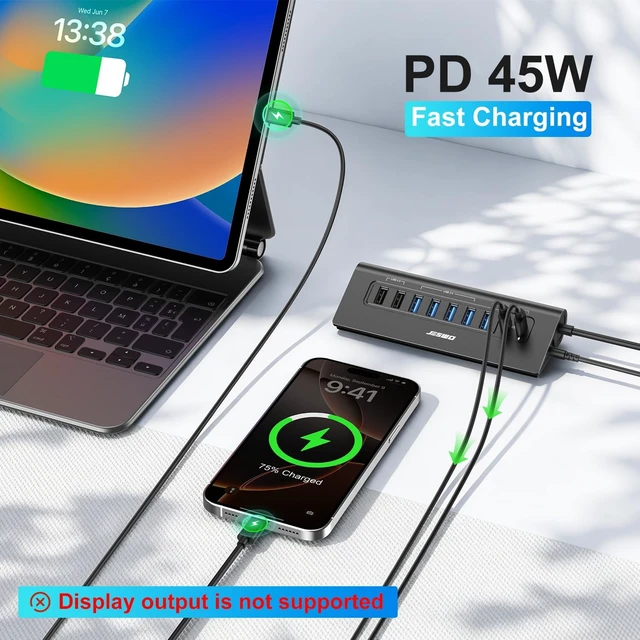Alt view image 3 of 7 - Powered USB Hub 10Gbps 9-Port USB Hub USB 3.2 45W Charging for PC