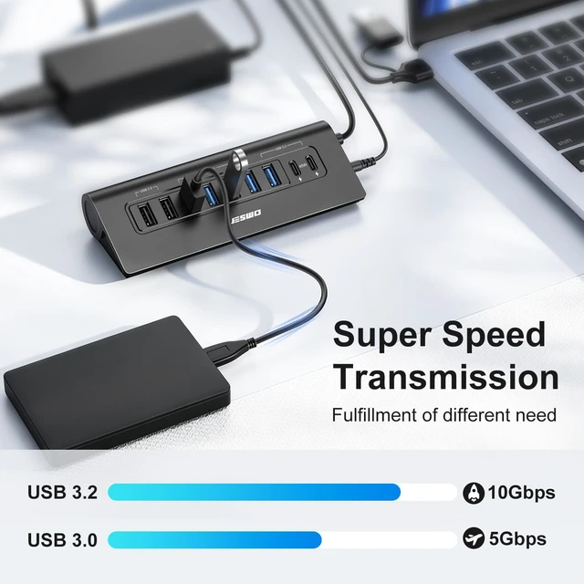 Alt view image 4 of 7 - Powered USB Hub 10Gbps 9-Port USB Hub USB 3.2 45W Charging for PC