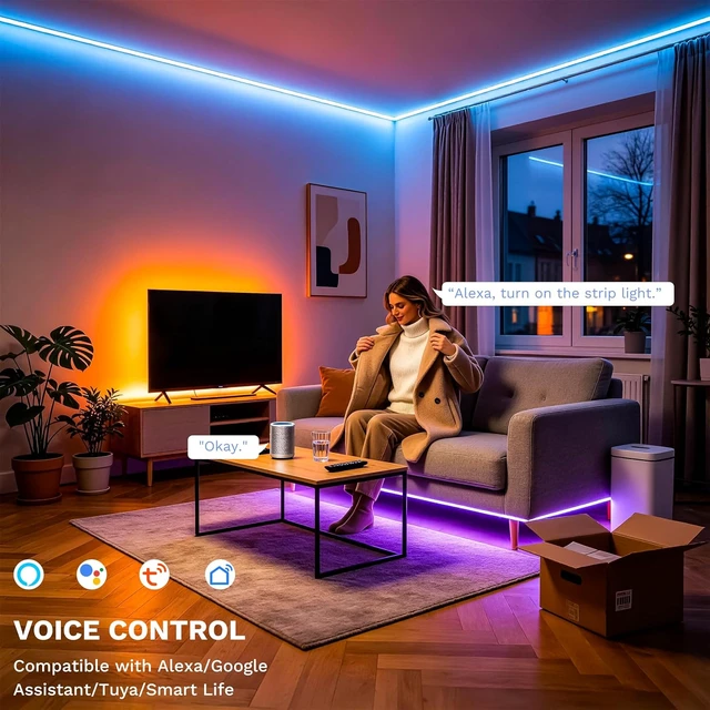 Alt view image 3 of 7 - RGB COB LED Strip Light 9.84ft/3m Color Changing Dimmable Strip Light DC24V Compatible with Alexa/Google Assistant/Tuya Multicolor Flexible Tape Light for TV Bedroom Party DIY Decoration
