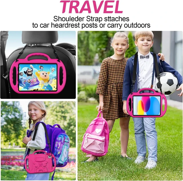 Alt view image 5 of 7 - Kids Case for iPad (A16) 11th Generation 11 Inch 2025 & iPad 10th Generation 10.9 2022 iPad Air M4/M3 2026/2025 Shockproof Rugged Protective with Shoulder Strap/Handles/Kickstand Cover Rose