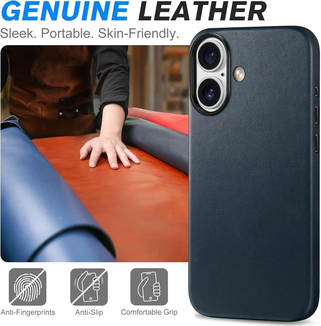 Alt view image 3 of 7 - Genuine Leather Case for iPhone 16 6.1 2024 Navy Blue