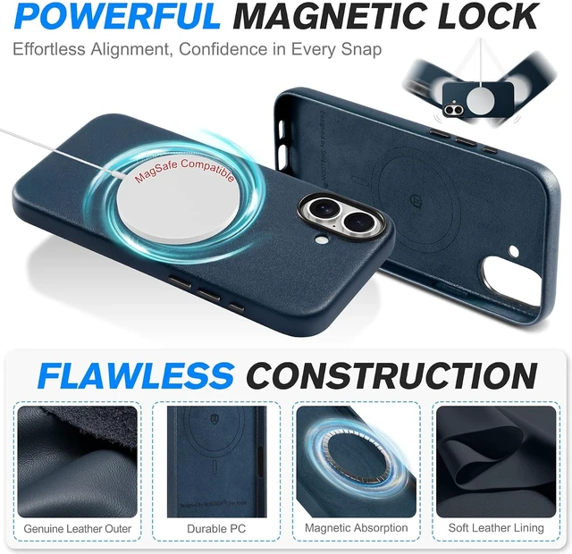 Alt view image 5 of 7 - Genuine Leather Case for iPhone 16 6.1 2024 Navy Blue