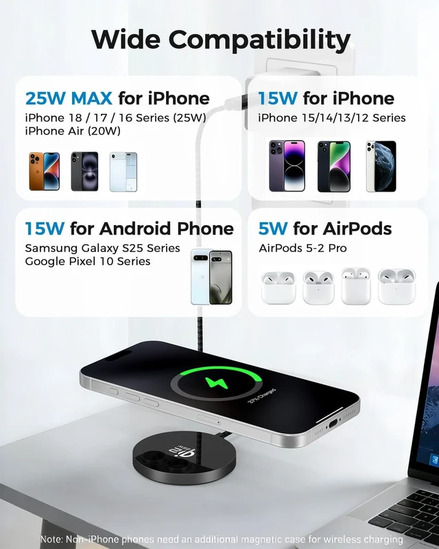 Alt view image 4 of 7 - 25W Magnetic Wireless Charger Qi2.2 Fast Wireless Charging Pads with Kickstand MagSafe Charger for iPhone 18/17/16/15/14 Series & AirPods 4/3/2/Pro S26 S25 Series Google Pixel 2 Pack
