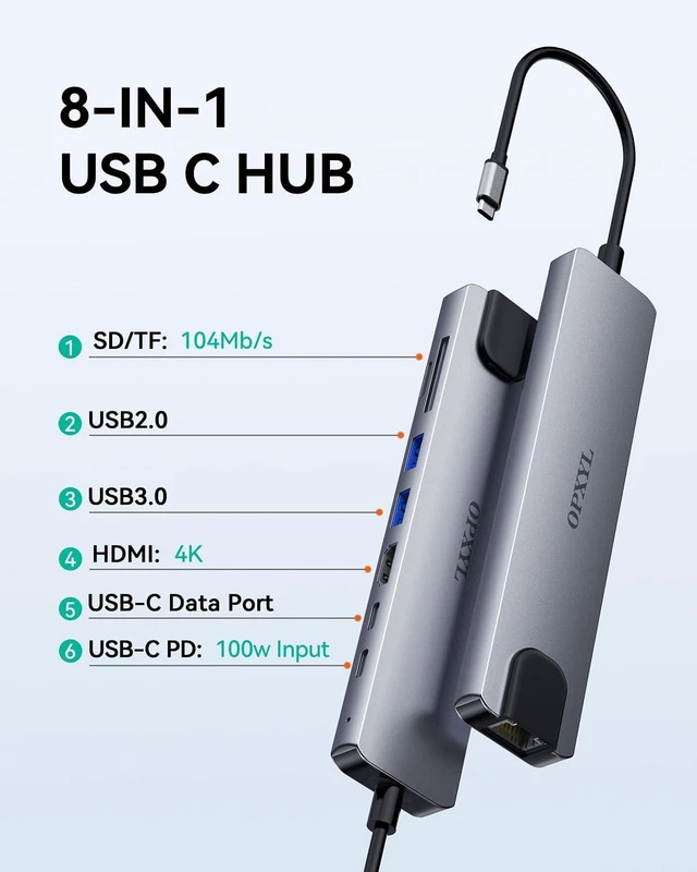 Alt view image 2 of 7 - OPXYL 8-in-1 USB C Hub Multiport Adapter USB C Docking Station for Laptop with 4K HDMI 100W PD Charging SD/TF Card Reader USB 3.0 Ports for MacBook Pro/Air iPad Windows School & Office