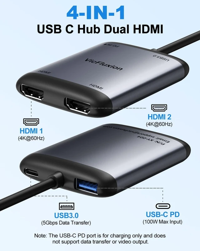 Alt view image 2 of 7 - USB C to Dual HDMI Adapter Dual 4K@60Hz Monitors Adapter for Laptop