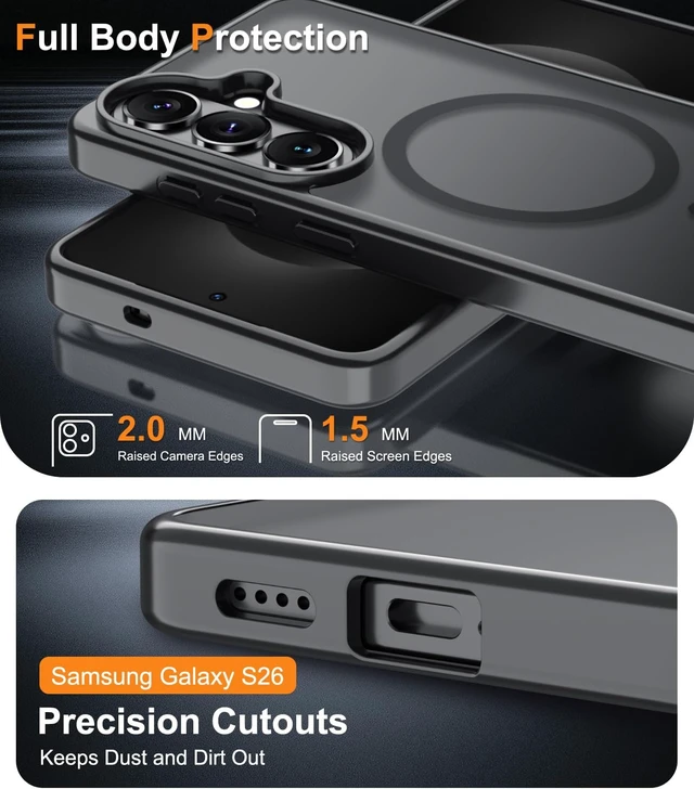 Alt view image 7 of 7 - Magnetic for Galaxy S26 Case with Screen Protector+Wrist Strap Compatible with MagSafe Military Grade Drop Protection Shockproof Slim Translucent Matte Phone Cover Black