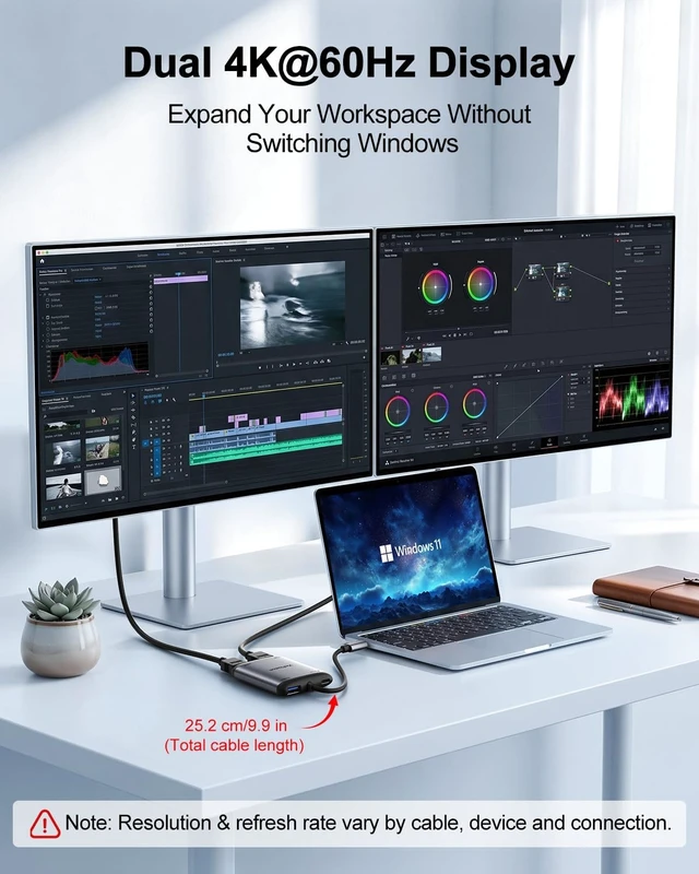Alt view image 3 of 7 - USB C to Dual HDMI Adapter Dual 4K@60Hz Monitors Adapter for Laptop
