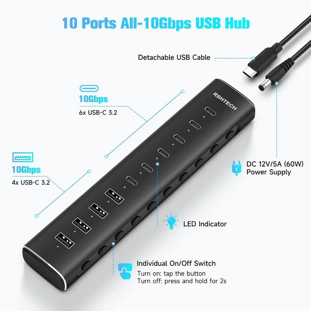 Alt view image 2 of 7 - 10-Port Powered USB C 3.2 Hub 60W with 10Gbps USB 3.2 Ports(6C+4A)