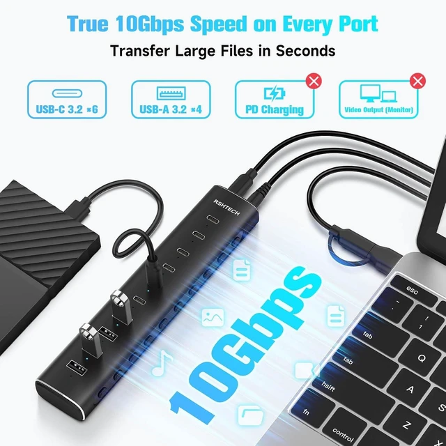 Alt view image 3 of 7 - 10-Port Powered USB C 3.2 Hub 60W with 10Gbps USB 3.2 Ports(6C+4A)