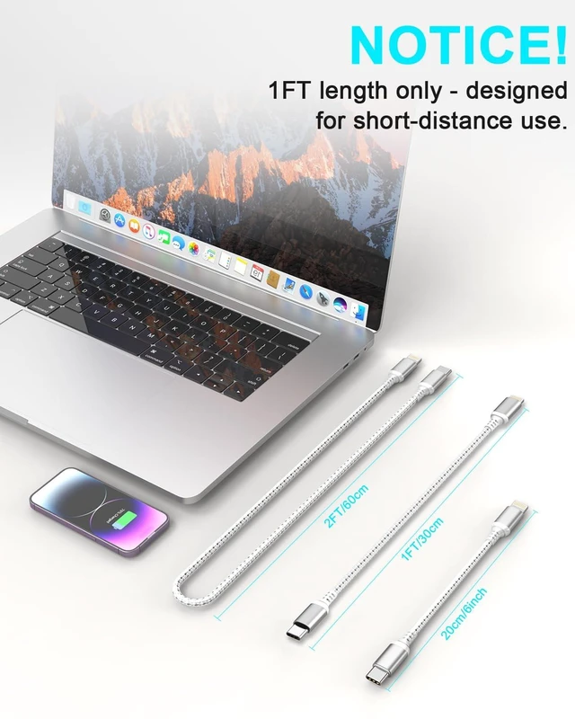 Alt view image 4 of 7 - Short USB C to Lightning Cable 1FT 2-Pack MFi Certified Cable