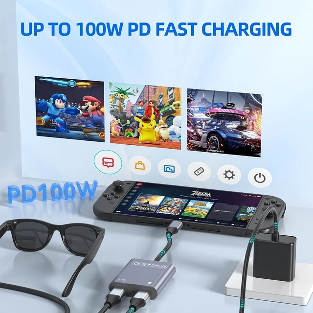 Alt view image 4 of 7 - USB C to Glasses Charging Adapter 100W PD Charge & Play for AR Glasses 4K@60Hz Video Output for XREAL/Viture/Rokid/RayNeo Deck Ally Switch (Not Switch 2) Mac Laptops