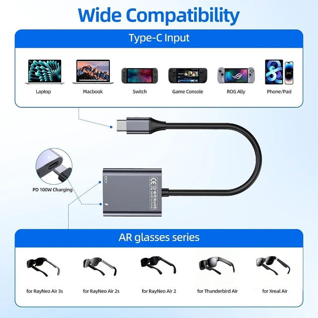 Alt view image 5 of 7 - USB C to Glasses Charging Adapter 100W PD Charge & Play for AR Glasses 4K@60Hz Video Output for XREAL/Viture/Rokid/RayNeo Deck Ally Switch (Not Switch 2) Mac Laptops