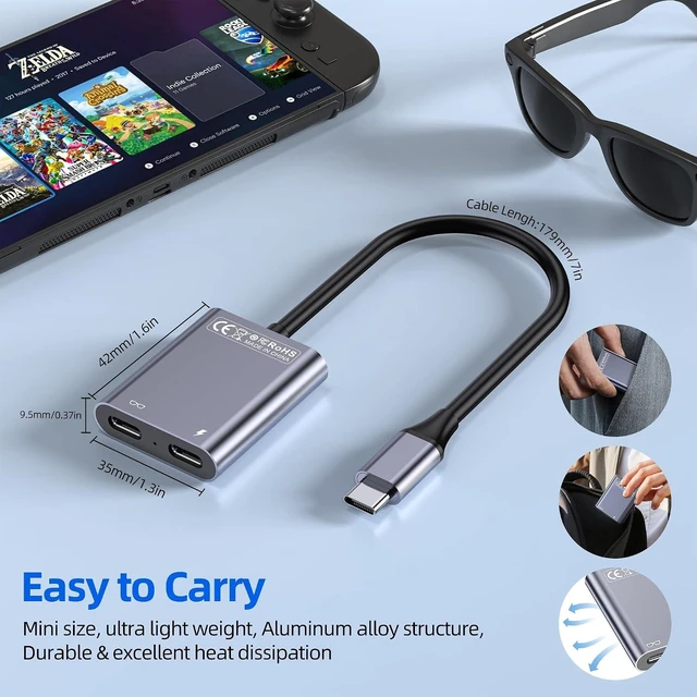 Alt view image 6 of 7 - USB C to Glasses Charging Adapter 100W PD Charge & Play for AR Glasses 4K@60Hz Video Output for XREAL/Viture/Rokid/RayNeo Deck Ally Switch (Not Switch 2) Mac Laptops