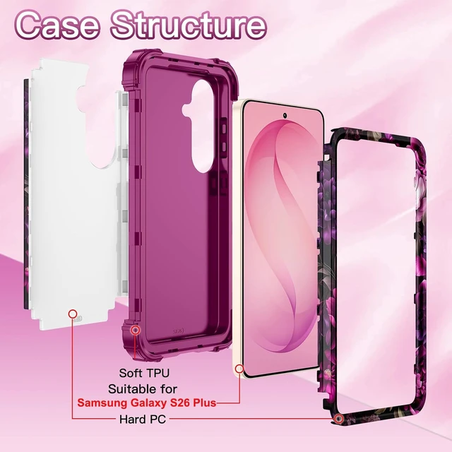 Alt view image 2 of 7 - for Galaxy S26 Plus 5G Case Shockproof 3 in 1 Heavy Duty Rugged Hybrid Sturdy High Impact Drop Protective Cover Flower Case for Galaxy S26 Plus 5G 2026 Magenta