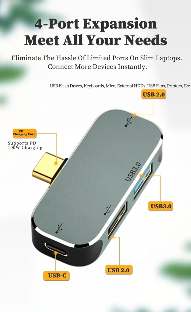 Alt view image 2 of 6 - 4-in-1 USB-C Hub Multiport Type-C Adapter Dongle USB 3.0 100W PD Charging