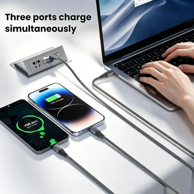 Alt view image 5 of 7 - 3 in 1 Multi Charging Cable 3-Pack 6 FT Multiple Device Charger Cord with USB C Lightning and Micro USB Plugs for iPhone 17 16 15 14 Android Phones and Tablets Gray