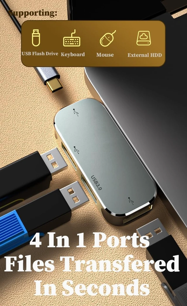 Alt view image 3 of 6 - 4-in-1 USB-C Hub Multiport Type-C Adapter Dongle USB 3.0 100W PD Charging