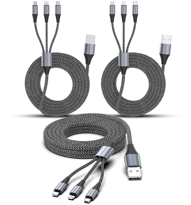 Main image of 3 in 1 Multi Charging Cable 3-Pack 6 FT Multiple Device Charger Cord with USB C Lightning and Micro USB Plugs for iPhone 17 16 15 14 Android Phones and Tablets Gray
