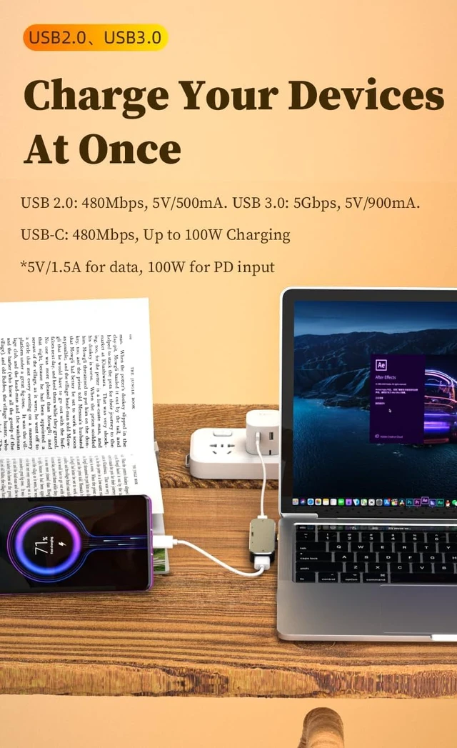 Alt view image 4 of 6 - 4-in-1 USB-C Hub Multiport Type-C Adapter Dongle USB 3.0 100W PD Charging