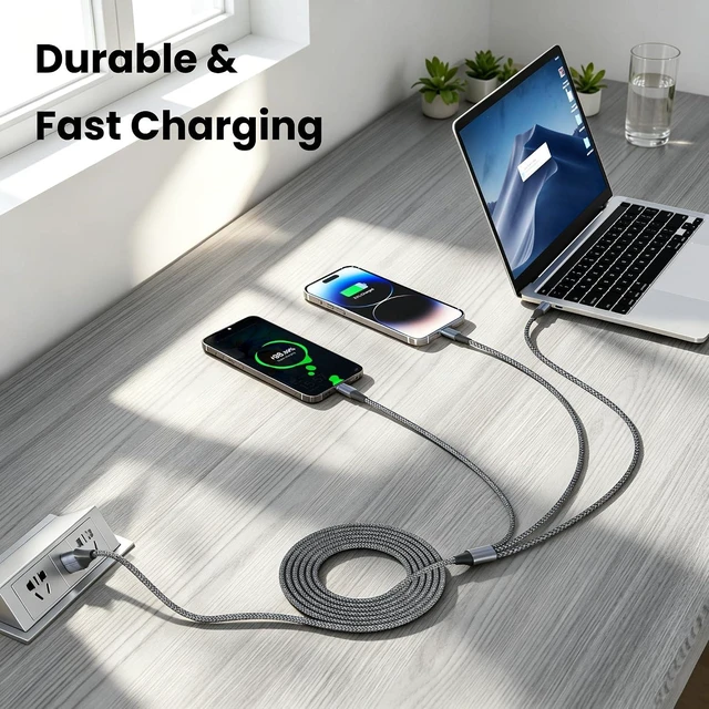 Alt view image 7 of 7 - 3 in 1 Multi Charging Cable 3-Pack 6 FT Multiple Device Charger Cord with USB C Lightning and Micro USB Plugs for iPhone 17 16 15 14 Android Phones and Tablets Gray