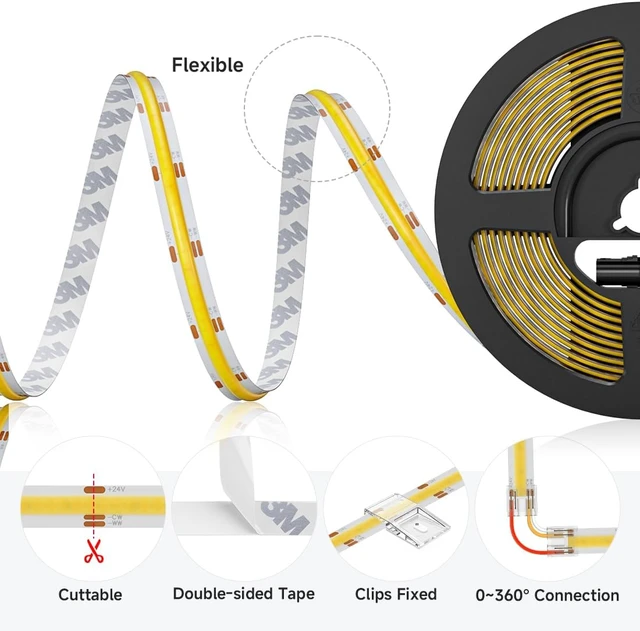 Alt view image 5 of 7 - 16.4FT CCT COB LED Strip Kit DC24V Tunable White 3000K-6000K