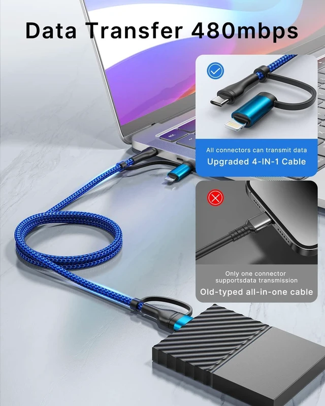 Alt view image 3 of 7 - 4 in 1 Charging Cable Fast USB C Cable Type C Charger 60W Lightning Cable Adapter USB C to USB C Cable for iPad Charger Fast Multi Charging Cord Fits iPhone 16 15/15 Pro/15 Plus/14 Pro Max 6FT