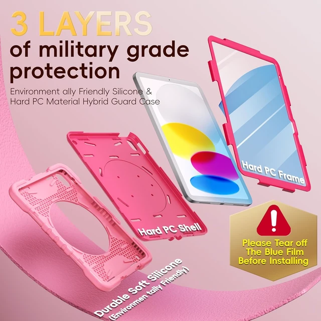 Alt view image 3 of 7 - Case for iPad (A16) 11th/10th Generation 11/10.9 Inch 2025/2022 with Screen Protector/360° Rotate Stand/Pencil Holder/Shoulder Strap Shockproof iPad 11th/10th Gen Cover (Pink+Rose Red)